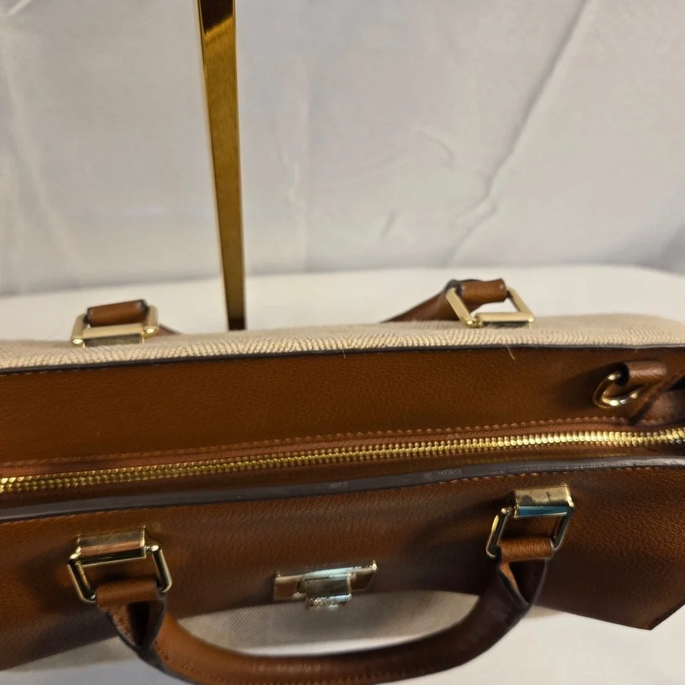 Antonio Melani Brown Leather Beige Herringbone Satchel Handbag RN 58909